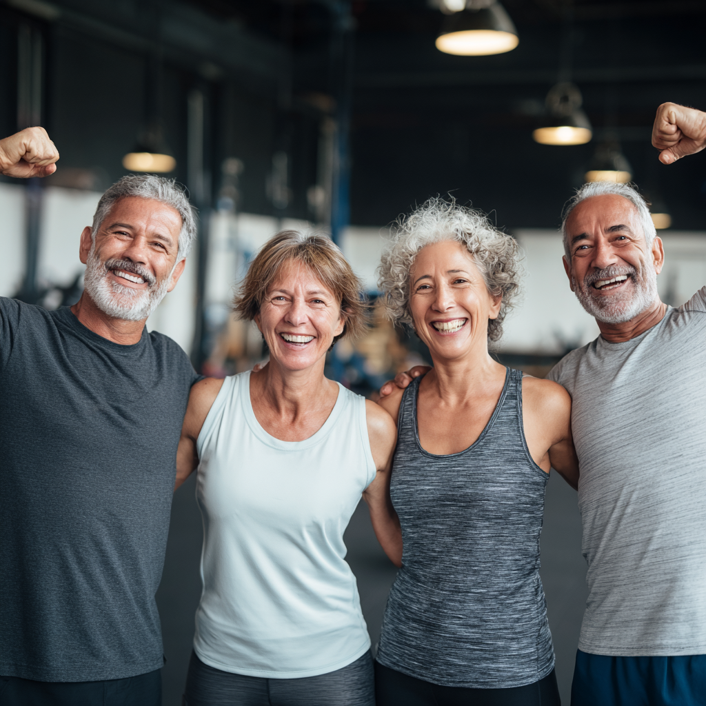 group of middle-aged adults celebrating fitness achievements